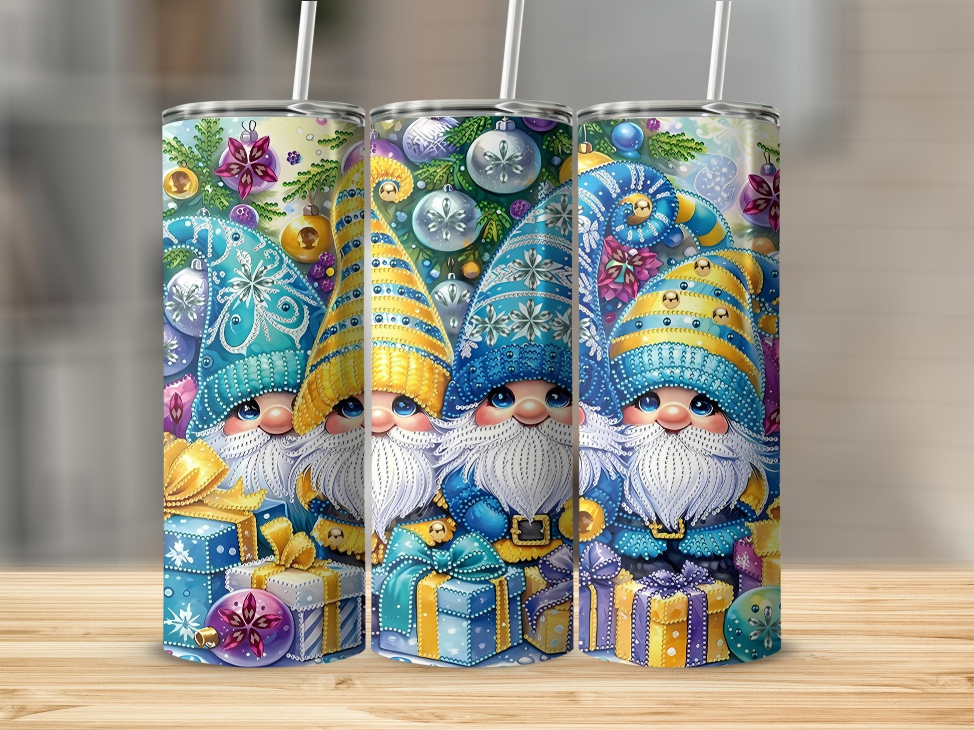 Festive Gnome Themed Holiday Tumbler with Straw