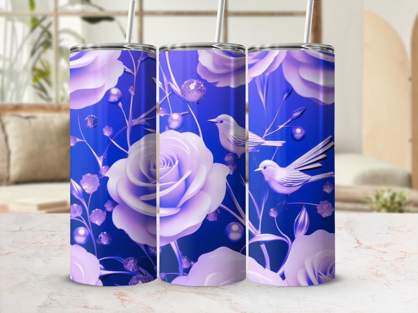 Blue floral tumbler with birds and roses.