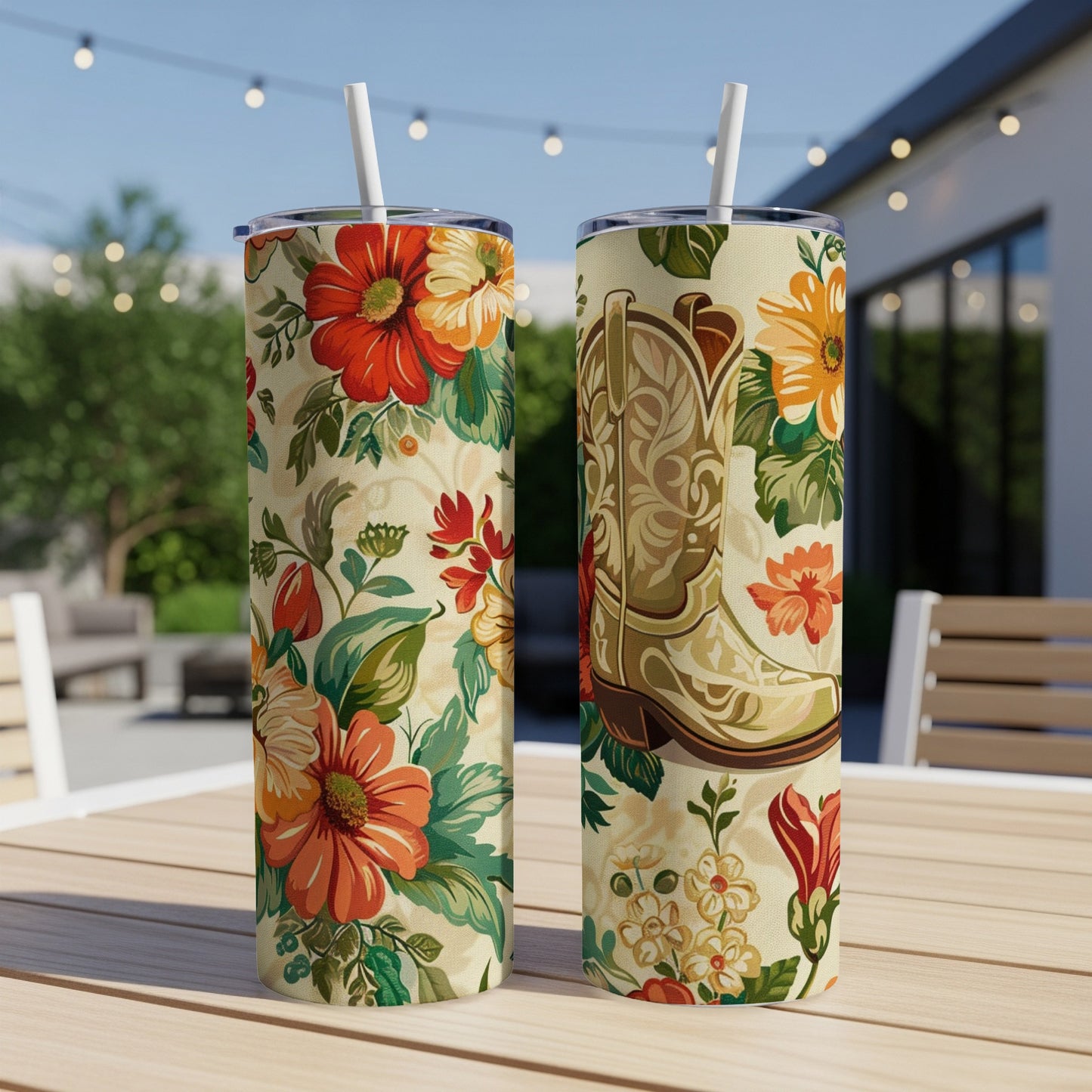 Two floral patterned tumblers with a cowboy boot design on one.