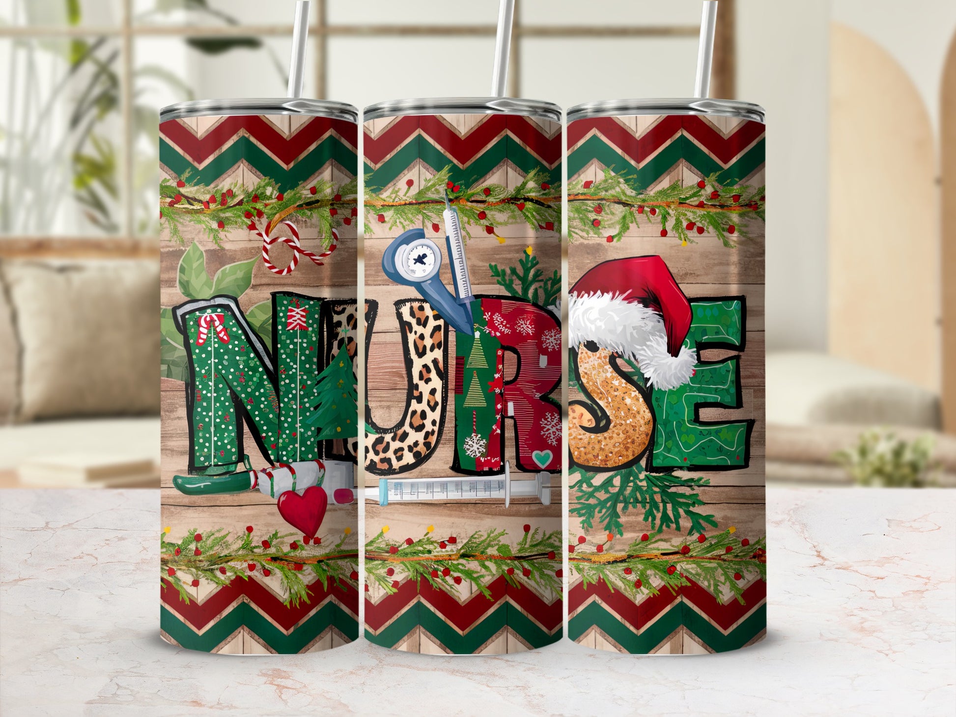 "NURSE" text with holiday and medical accents on a tumbler.