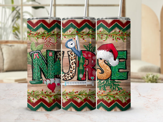 "NURSE" text with holiday and medical accents on a tumbler.