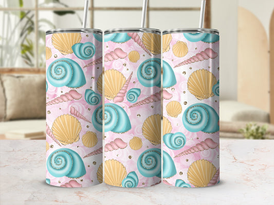 Three tall tumblers with a seashell and starfish pattern in blue and pink.