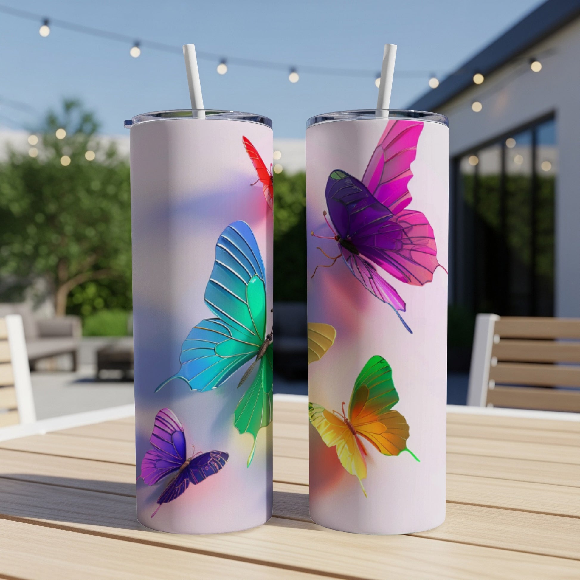 Two tall tumblers with vibrant butterfly designs displayed on a table outdoors.