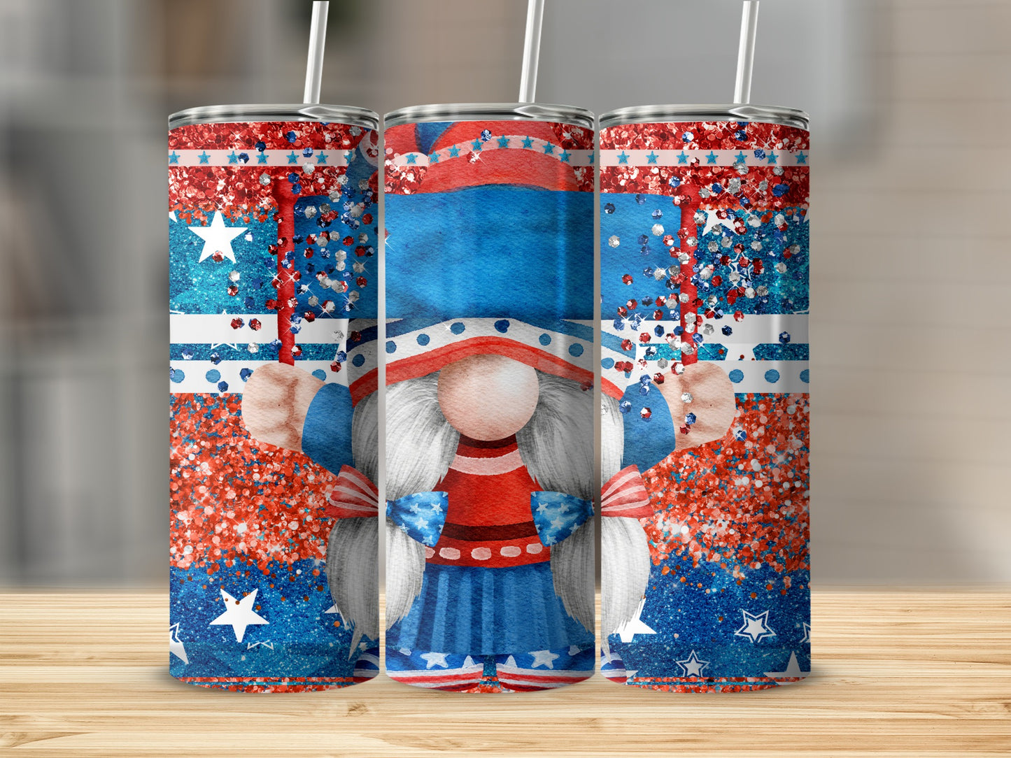 Gnome with American flag hat and suit, glittery details.