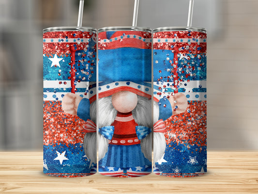 Gnome with American flag hat and suit, glittery details.