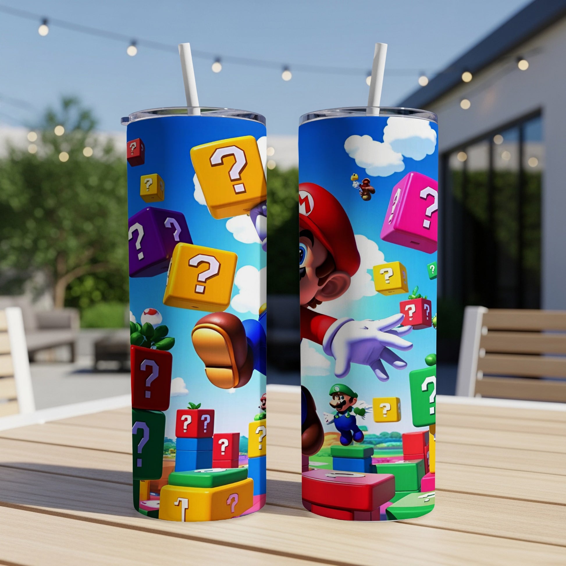 Super Mario characters on a question mark block tumbler.