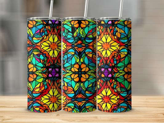 Three tumblers with a colorful stained glass mosaic pattern.