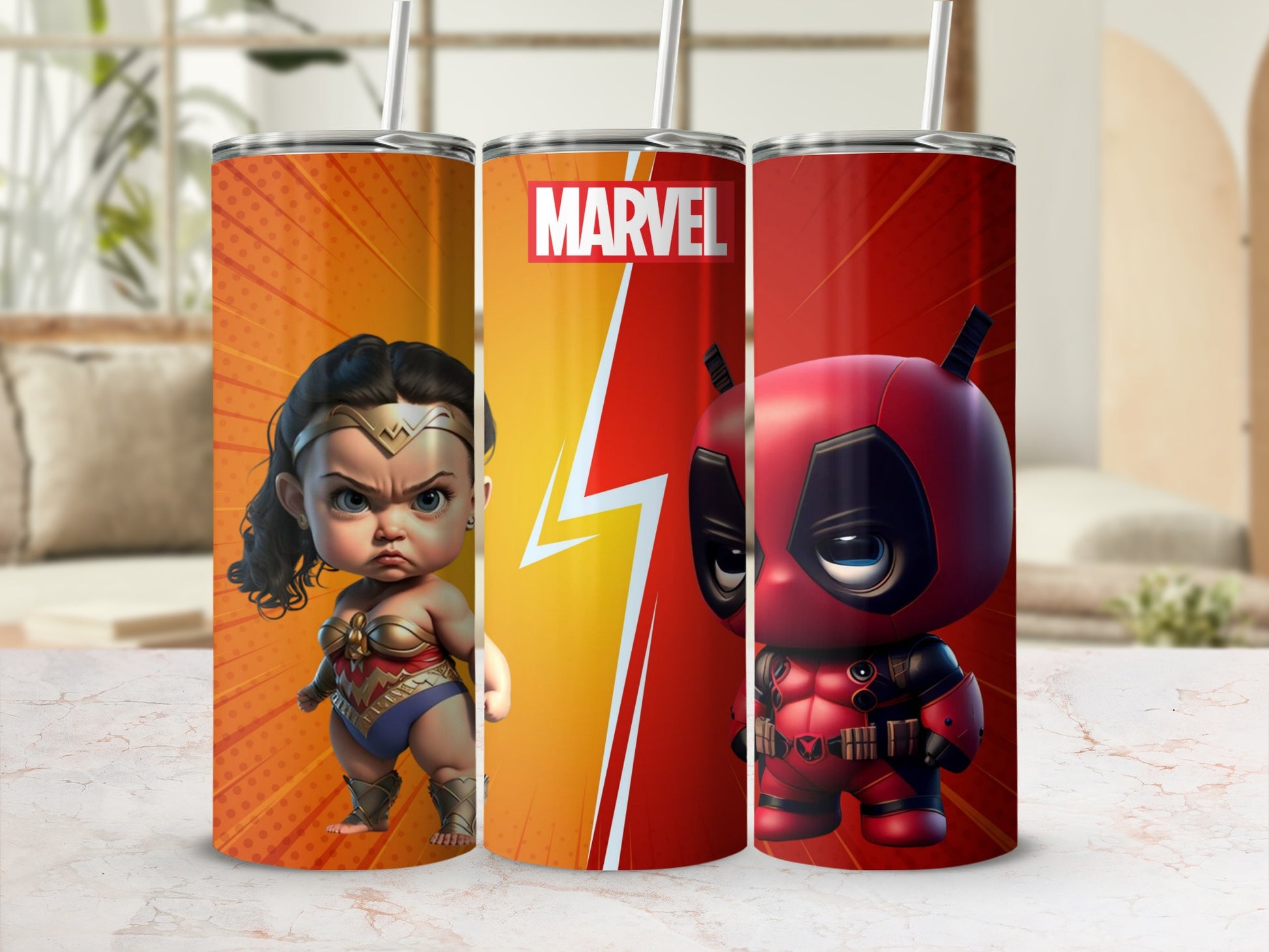 Cute Superhero Inspired Printed Tumbler with Straw
