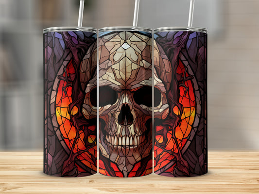 Stained glass skull tumbler with straws.