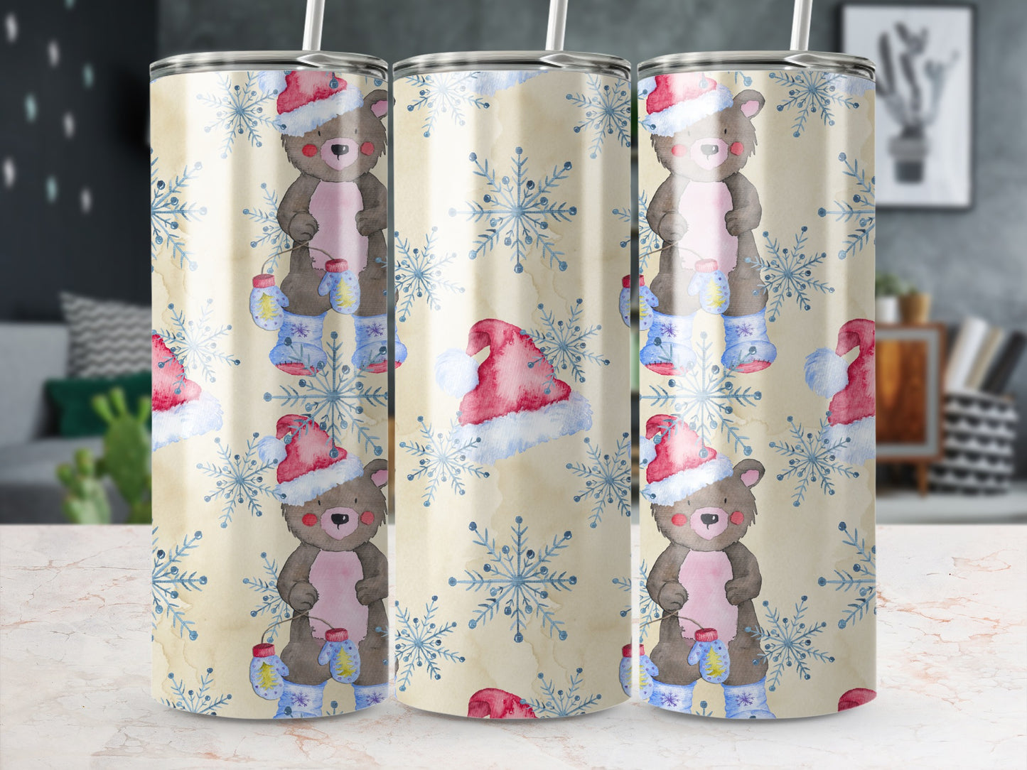 Bear and snowflake pattern on a tumbler with a Santa hat.