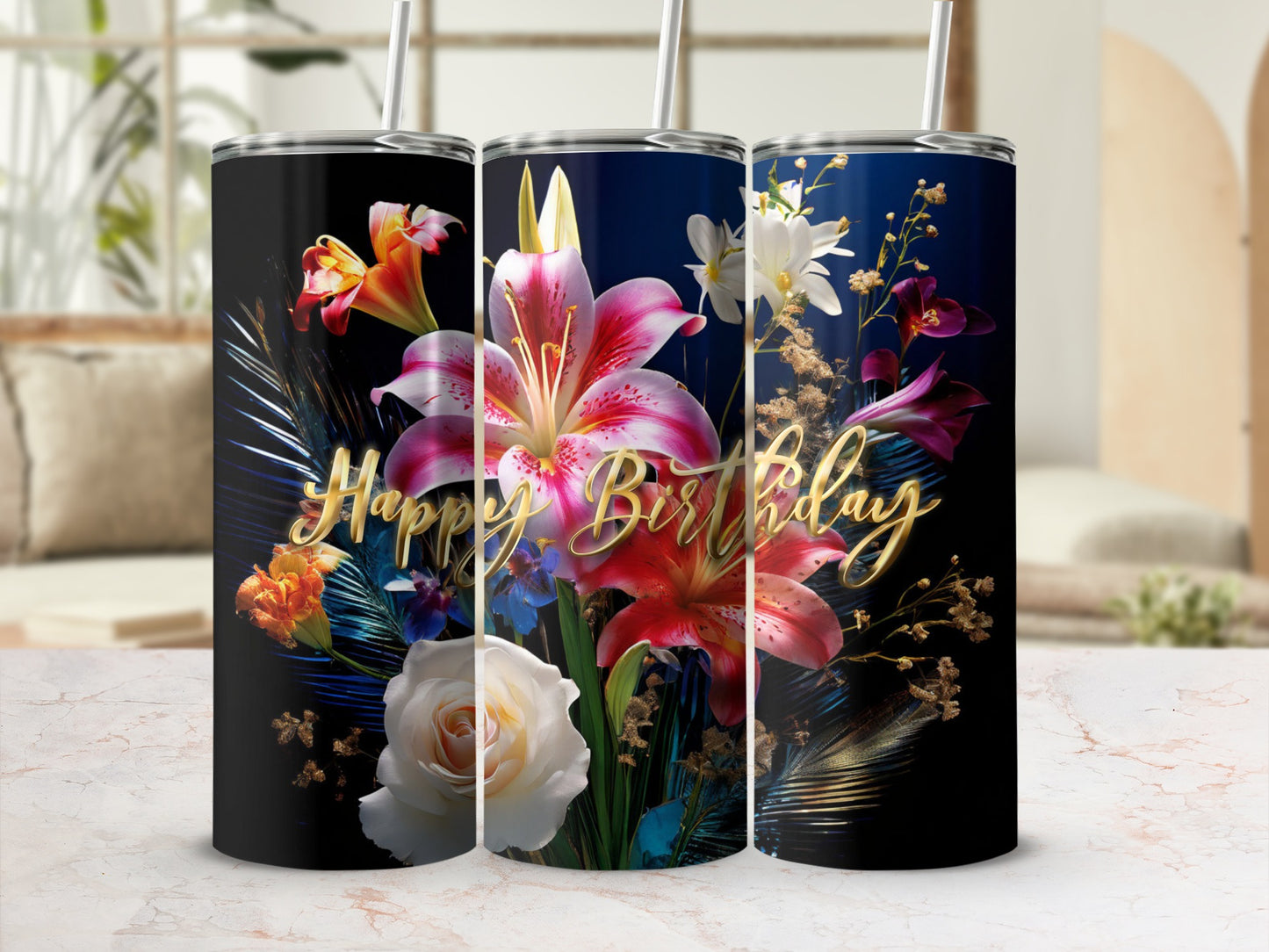 Tumbler with floral design and "Happy Birthday" text.