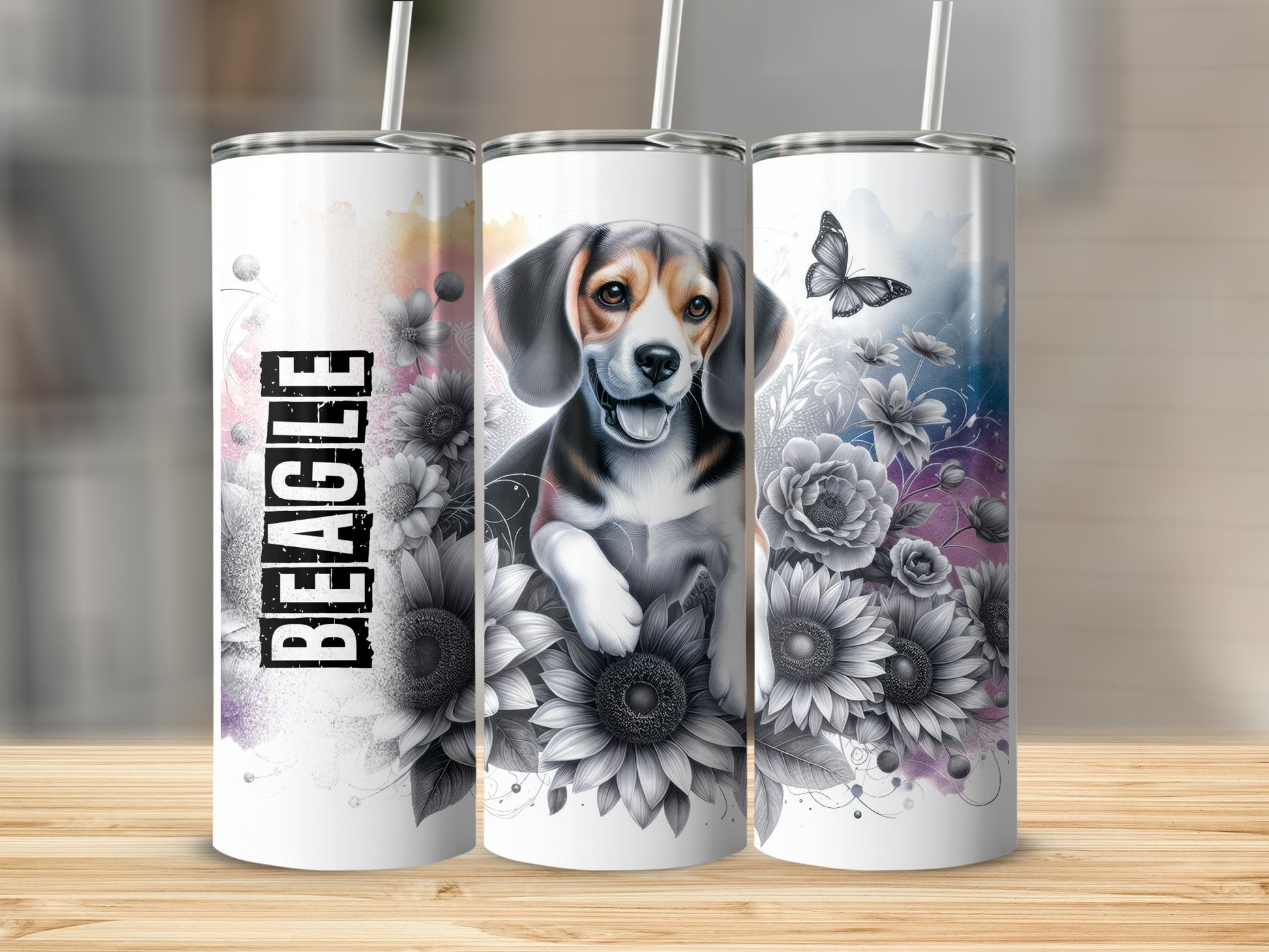 Beagle with sunflowers and butterfly on a white tumbler.