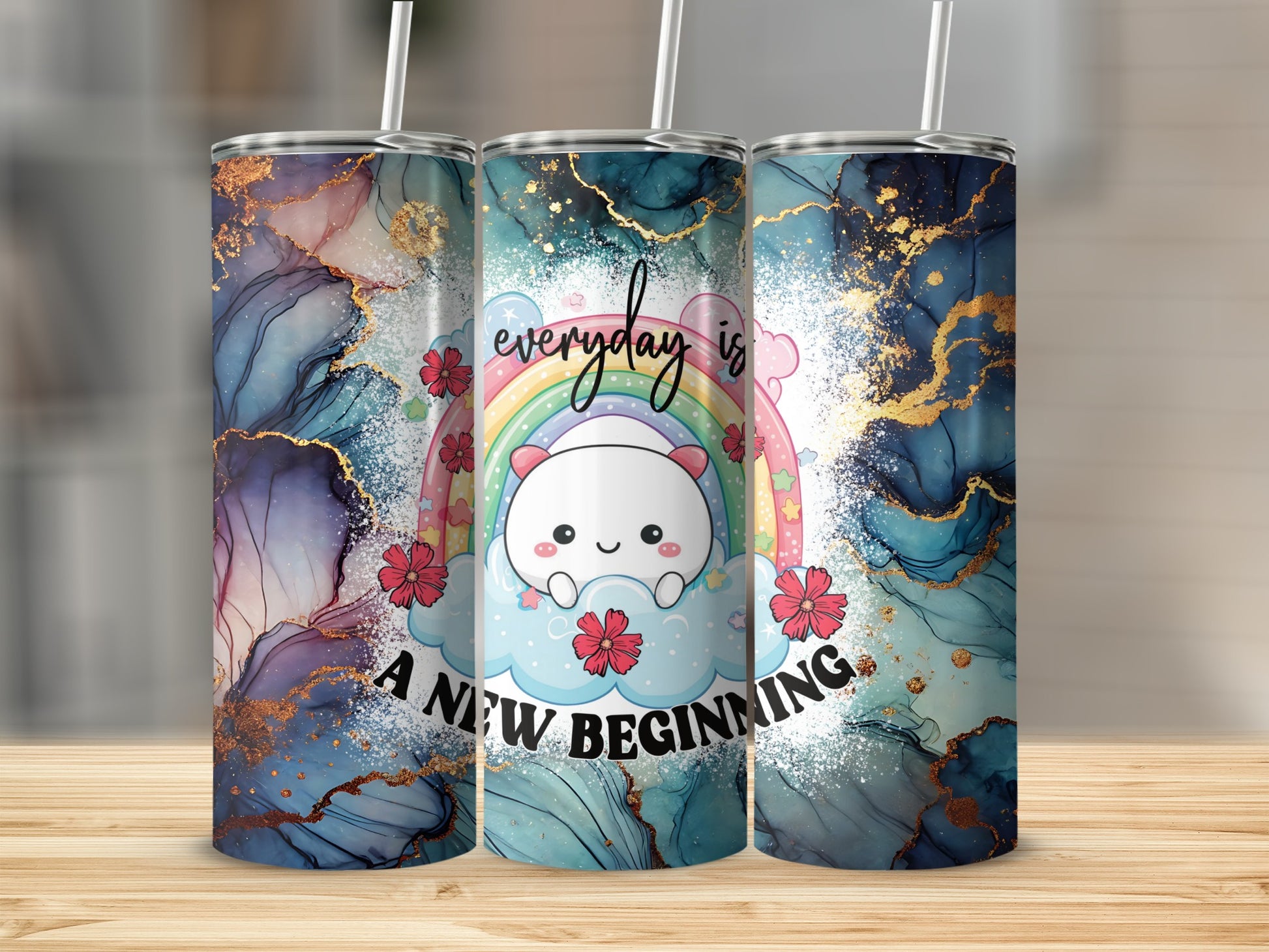 Rainbow cloud with text "everyday is a new beginning" on a marble tumbler.