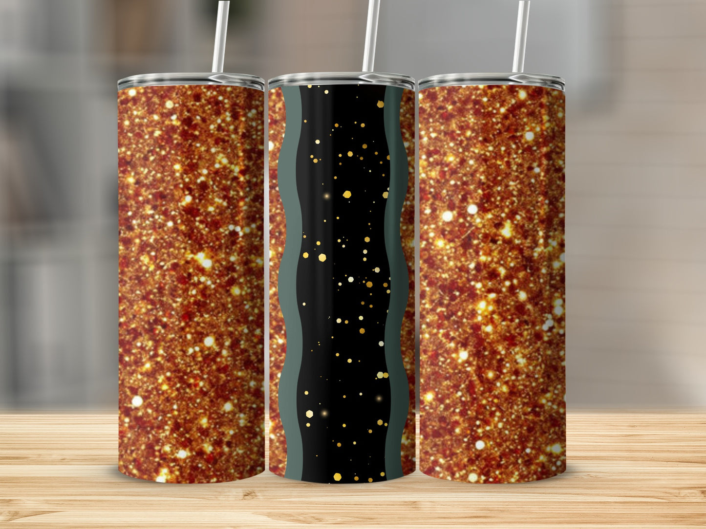 Three glitter tumblers with straws, one with a black and gold wavy design.