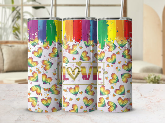 Rainbow watercolor hearts design with "LOVE" in gold, on three tumblers.