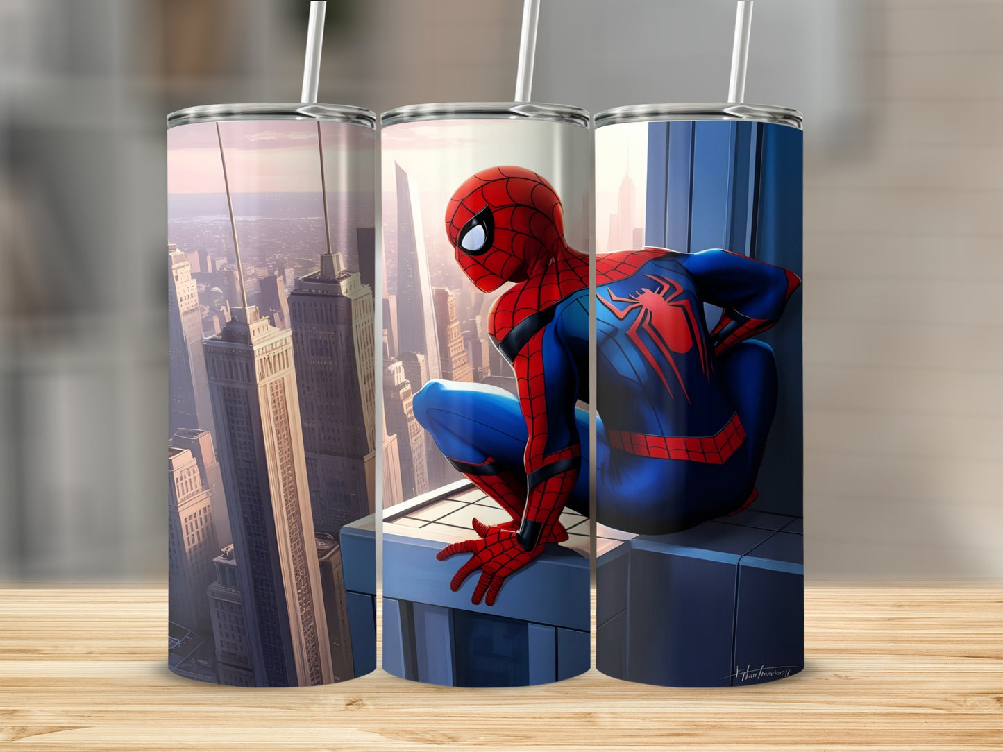 Spider-Man crouches on a skyscraper overlooking a city skyline.