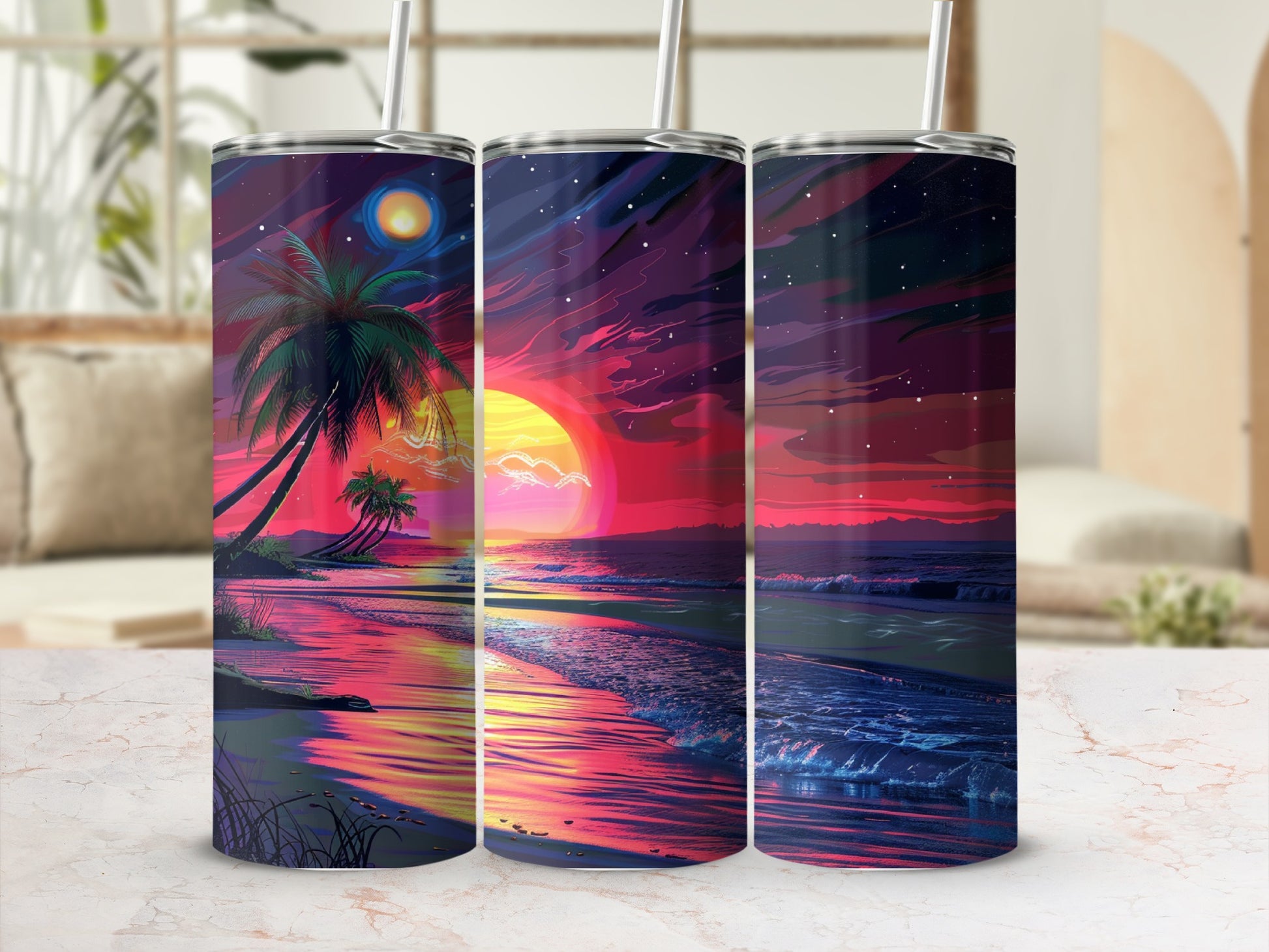 Three tumblers featuring a vibrant sunset over a tropical beach with palm trees.