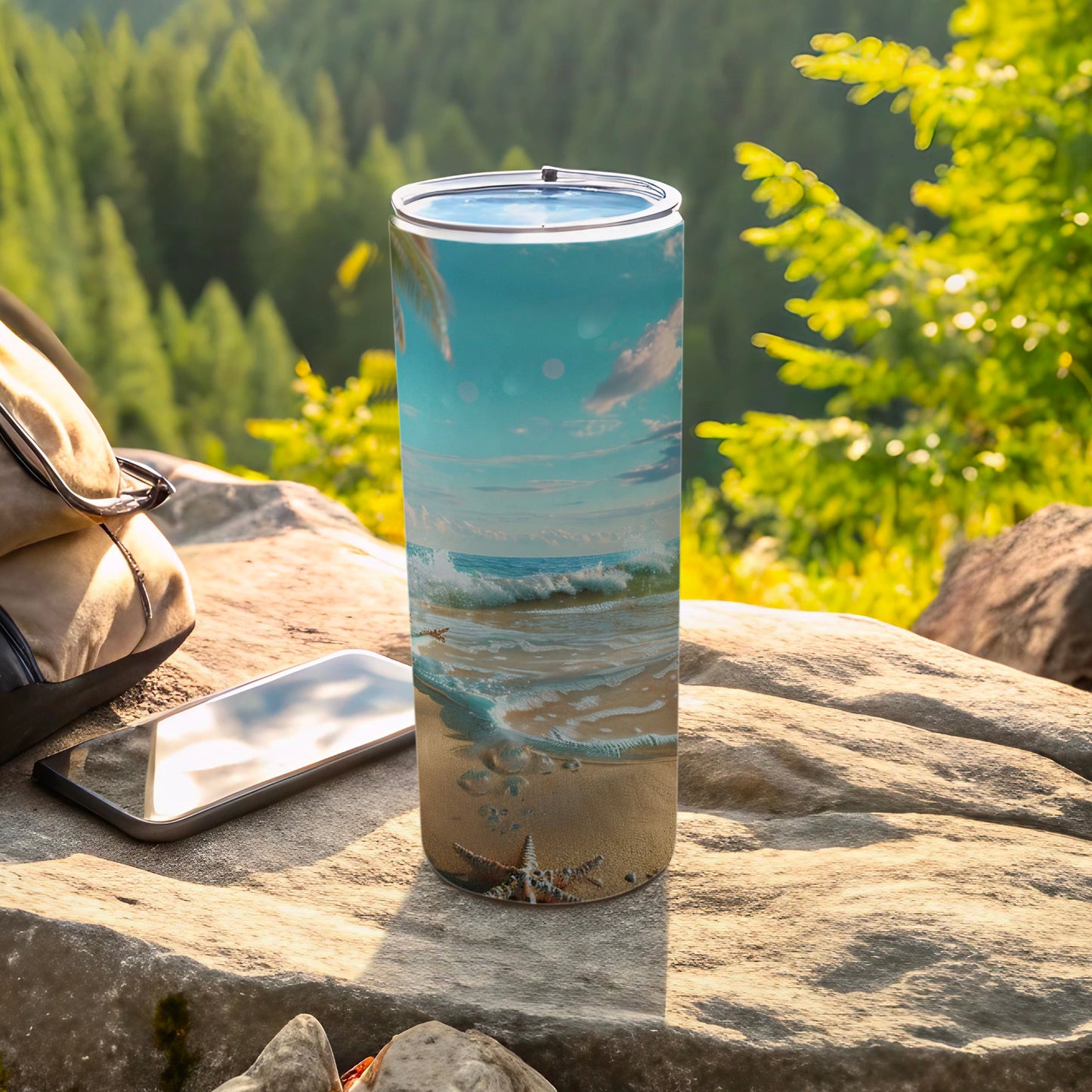 Beach scene tumbler with starfish, waves, and palm trees.