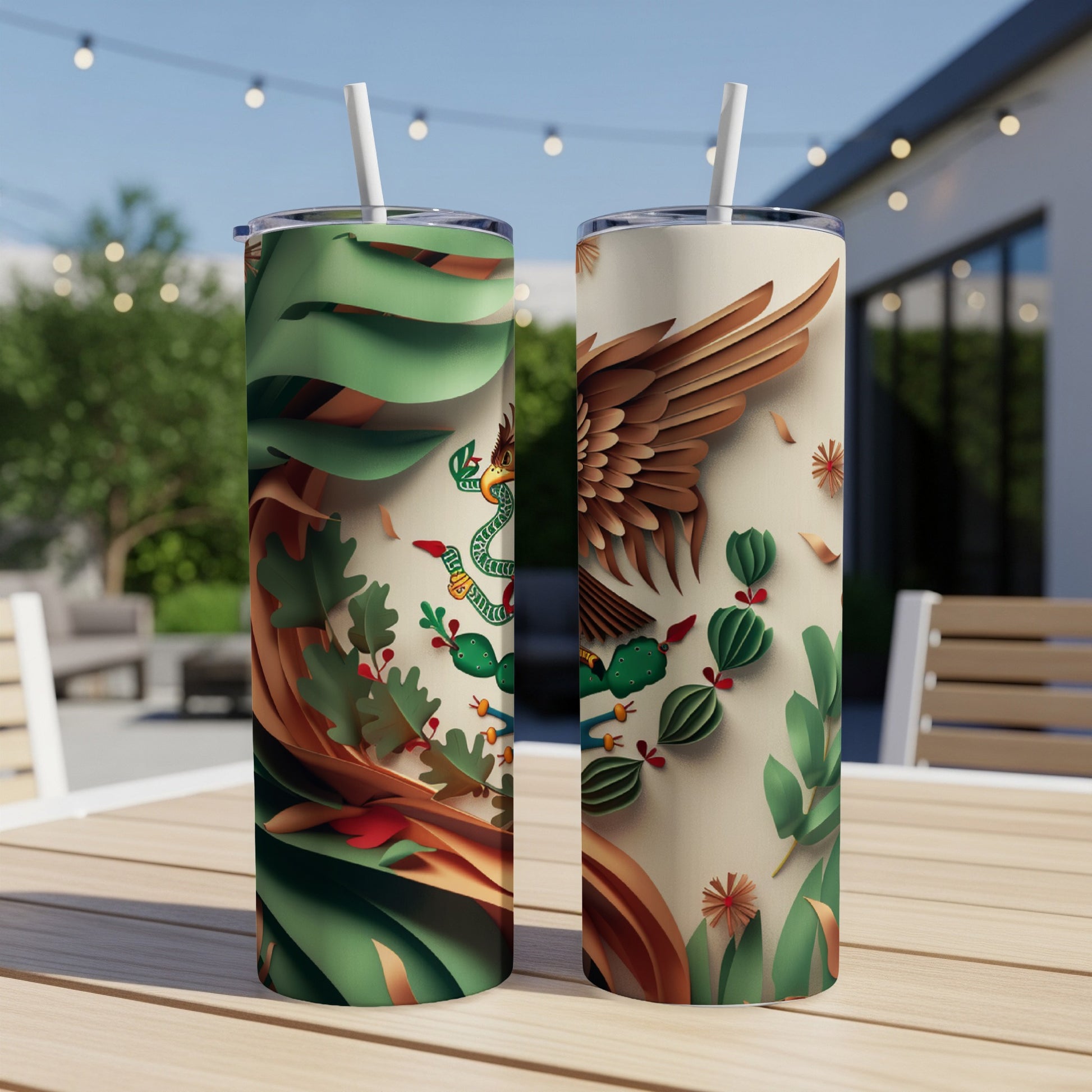 Two tumblers with Mexican flag eagle design on a patio table.