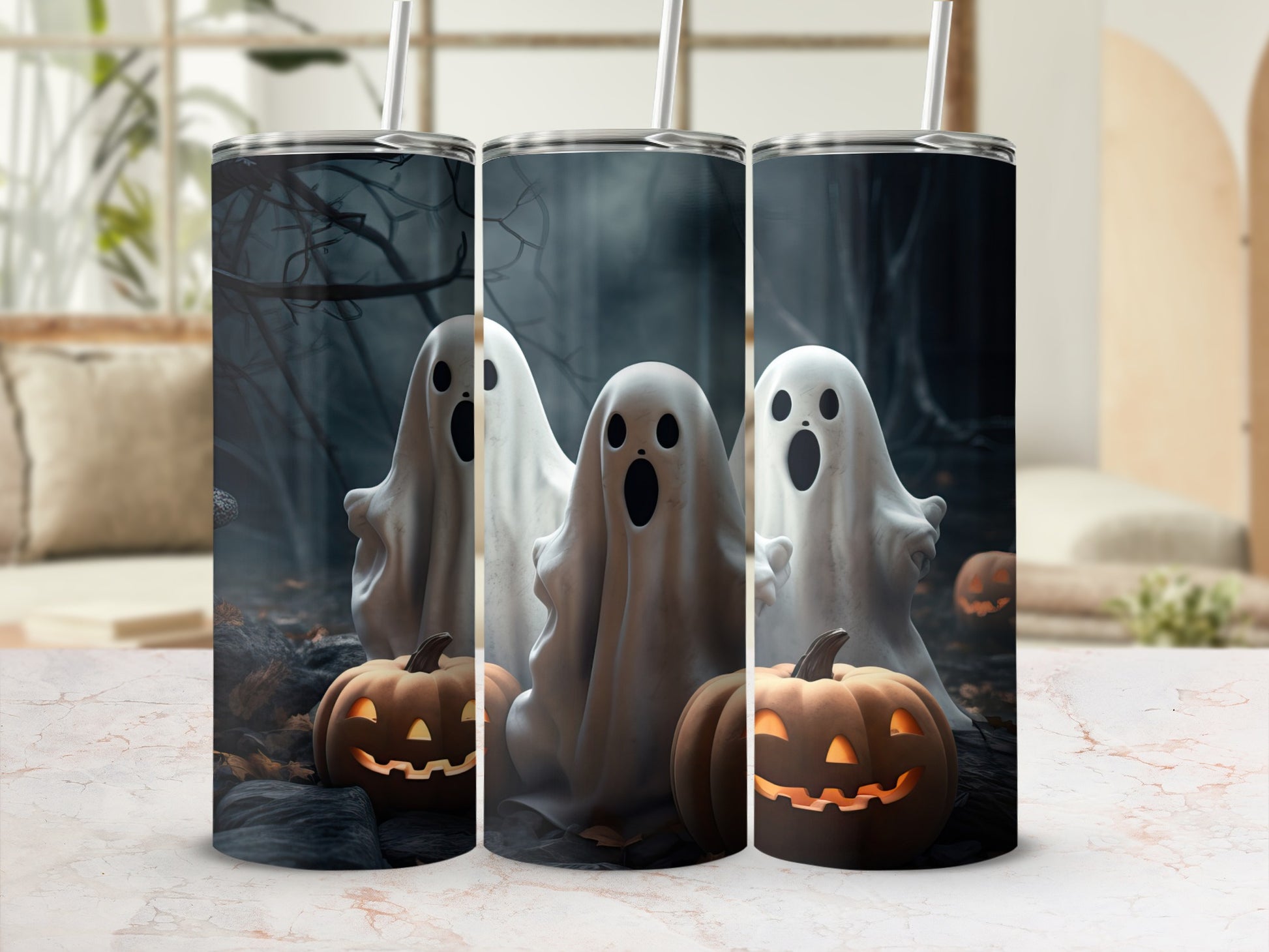 Three tumblers with ghosts and jack-o'-lanterns on a spooky Halloween background.