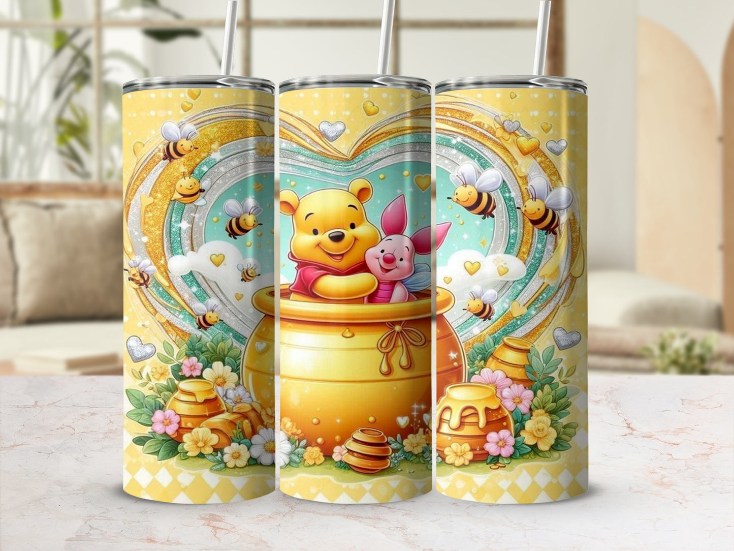 Winnie the Pooh and Piglet with bees and honey pots.