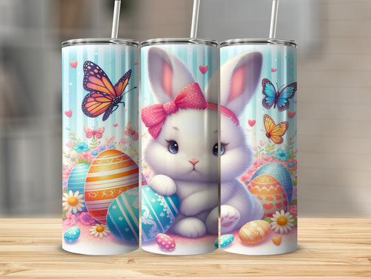 Bunny in pink bow holding Easter egg, surrounded by colorful eggs and butterflies.