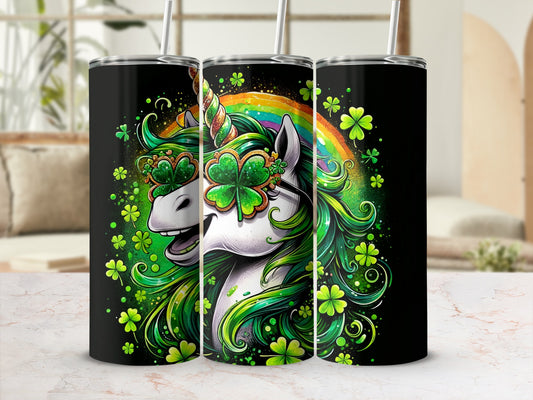 Black tumbler with St. Patrick's Day unicorn and rainbow design.