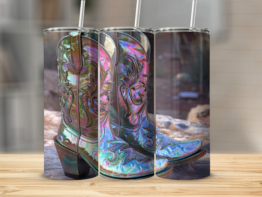 Iridescent cowboy boots with intricate floral embroidery and straws.
