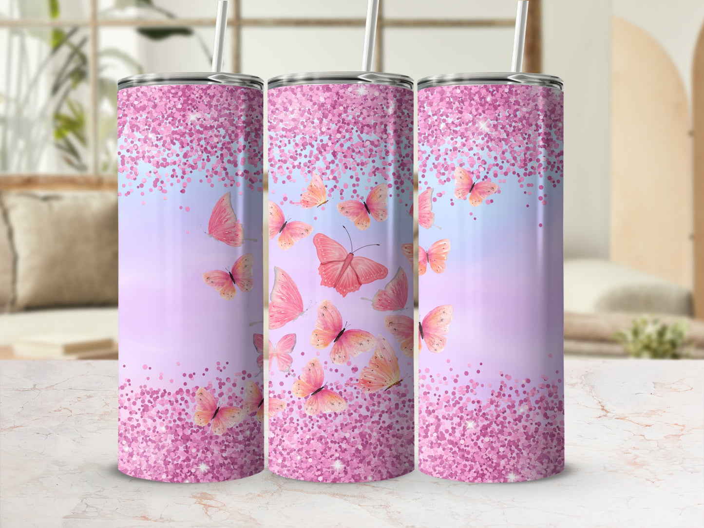 Pink Butterflies with Glitter Ombre Tumbler Product