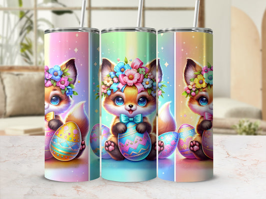 Cute cartoon fox holding Easter egg, with floral wreath and pastel rainbow background.