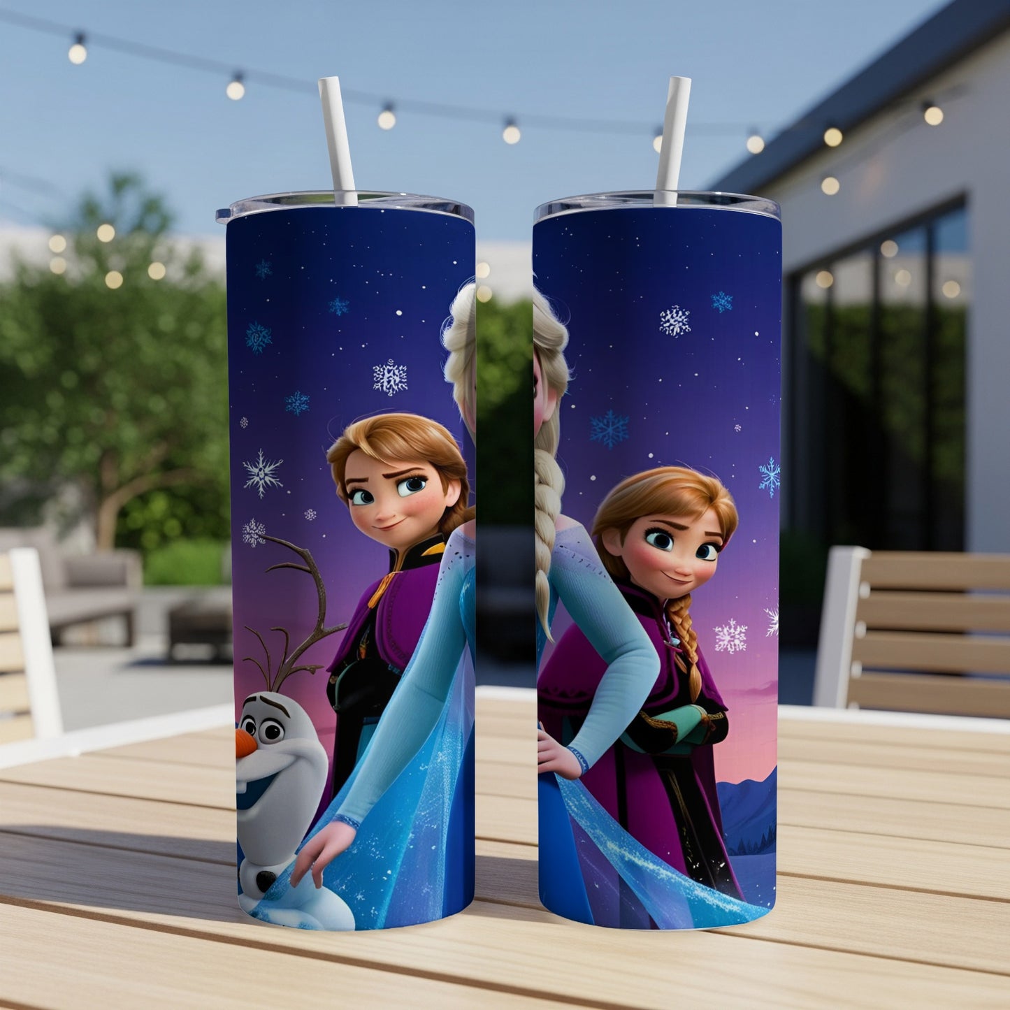 Two tumblers featuring Elsa and Olaf from Frozen, with snowflakes.