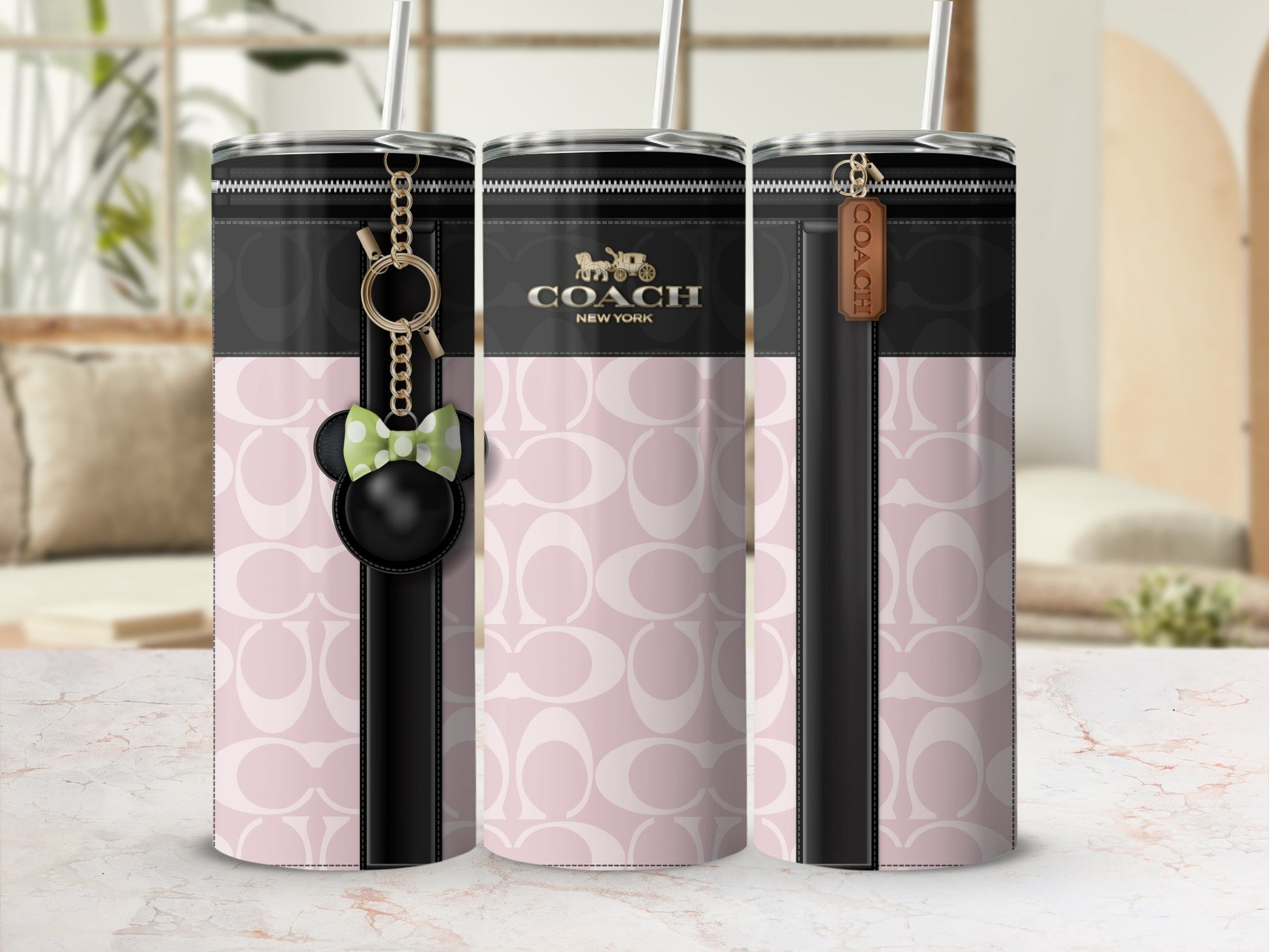 Pink and Black Coach New York Tumbler Set with Keychain
