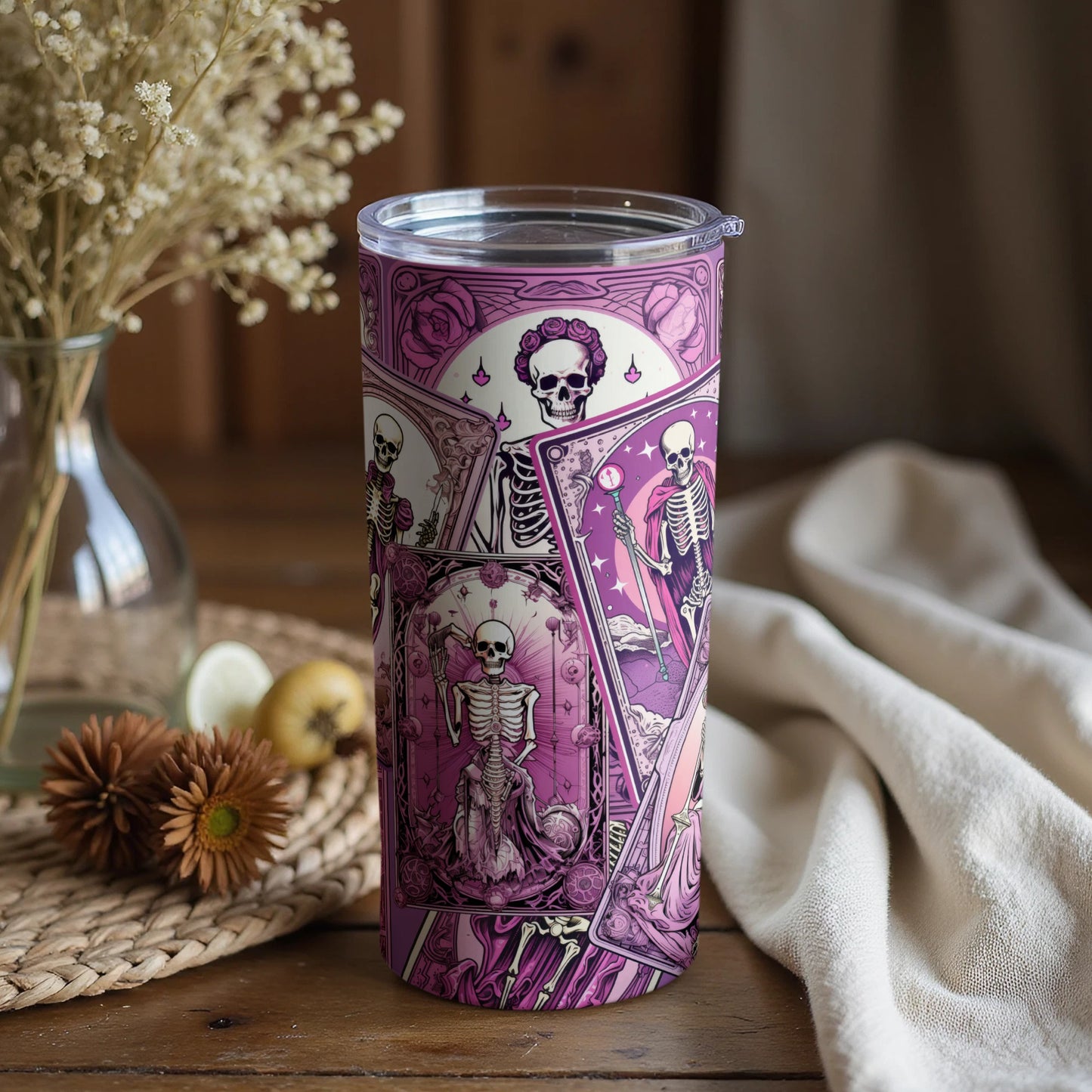 Gothic Skeleton Tarot Themed Tumbler with Lid