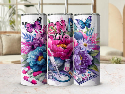 Floral CNA Life tumbler with stethoscope, syringe, and pills.