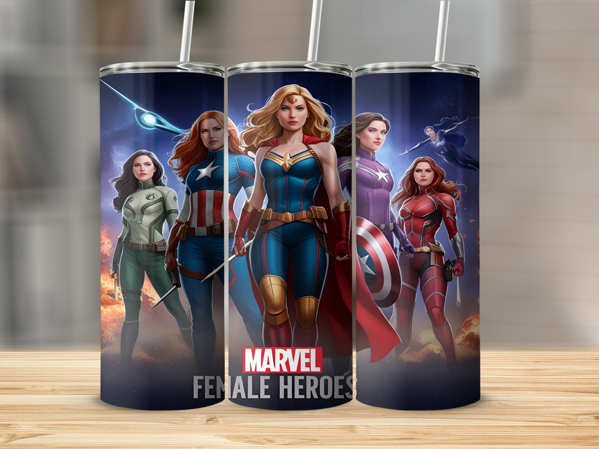Marvel Female Heroes Captain America, Ms. Marvel, and Captain Marvel on tumblers.