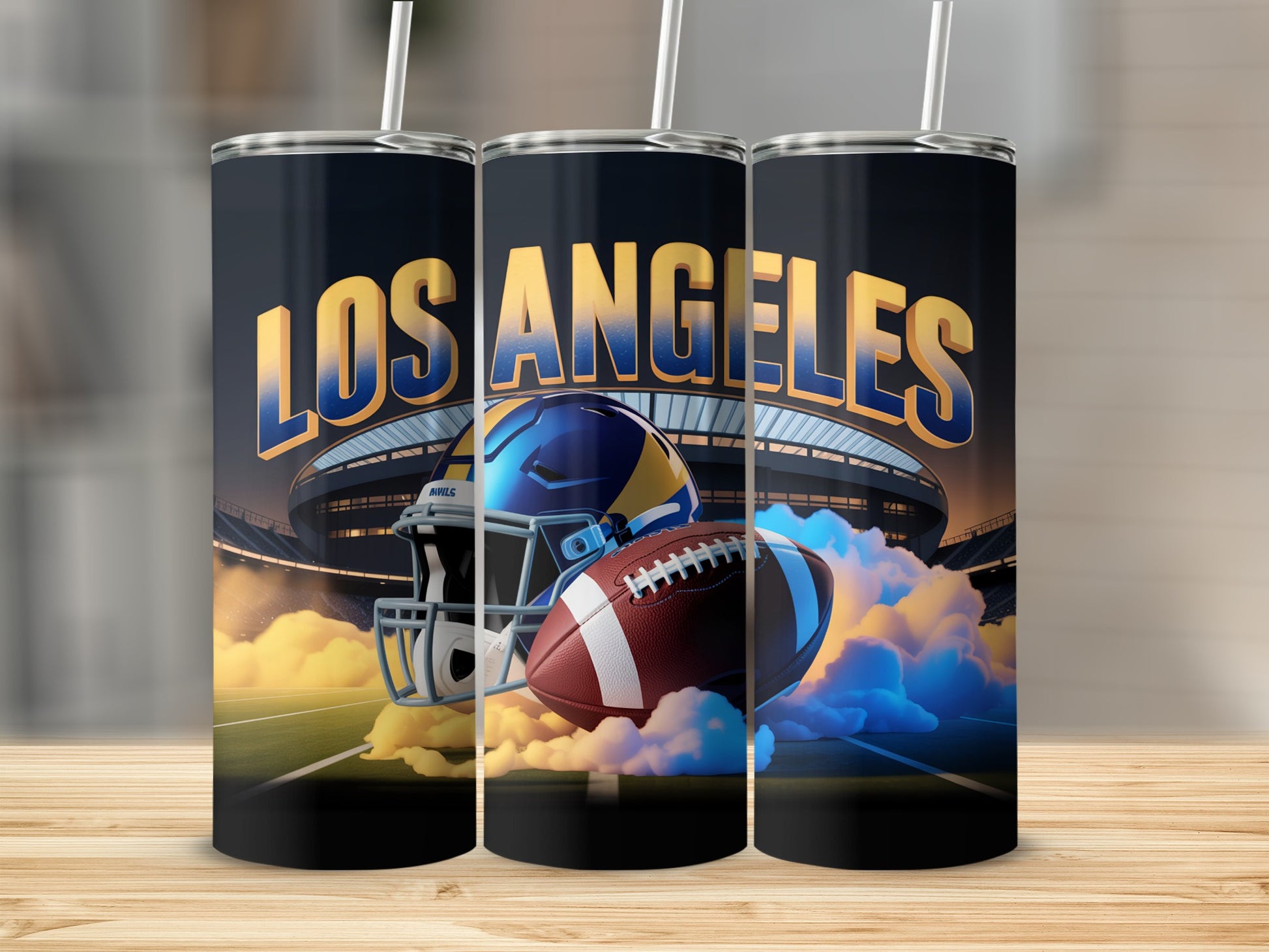 Los Angeles Rams helmet, football, and stadium graphic on three tumblers.