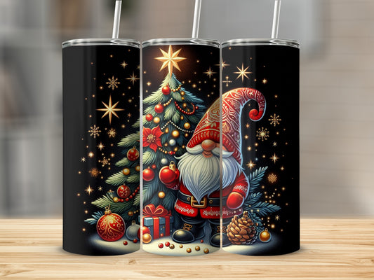 Christmas gnome with tree and gifts on black background.