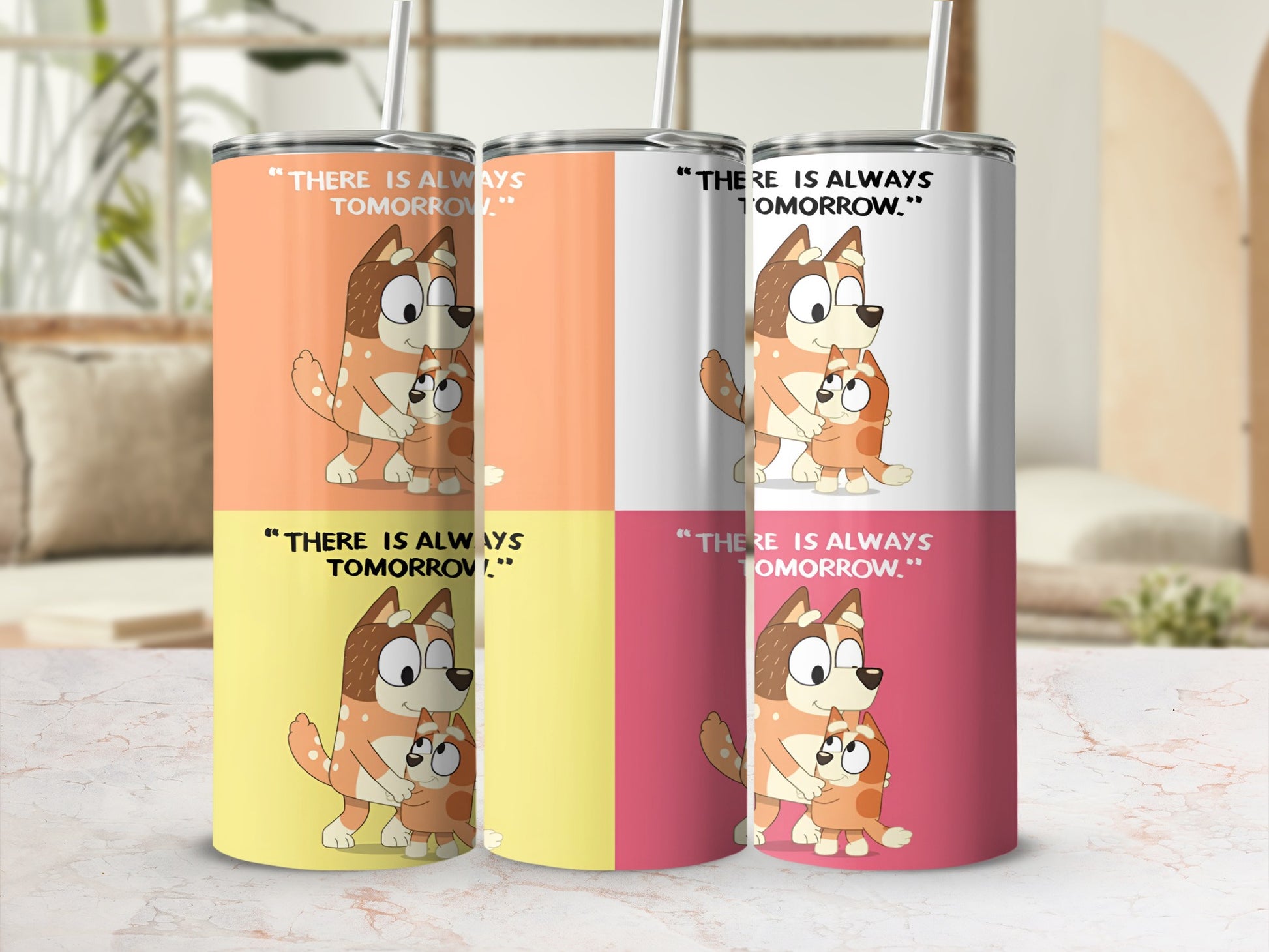 Four tumblers featuring Bluey and Bingo with motivational text.