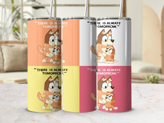 Four tumblers featuring Bluey and Bingo with motivational text.