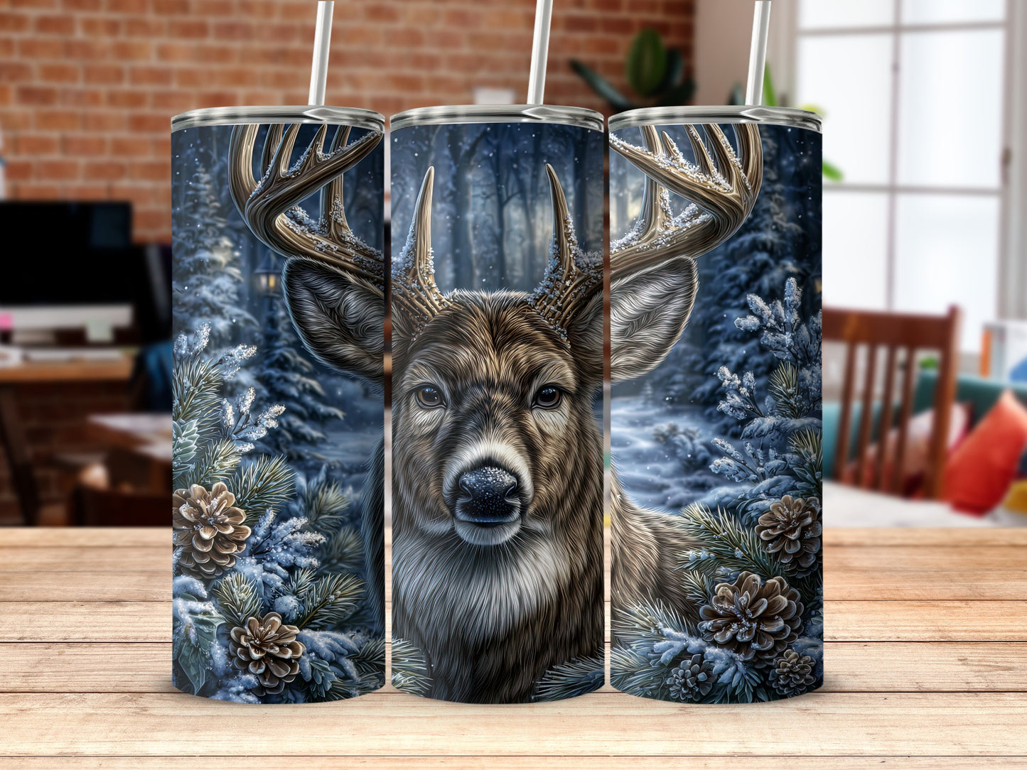 Majestic Winter Woodland Deer Design Tumbler Cup