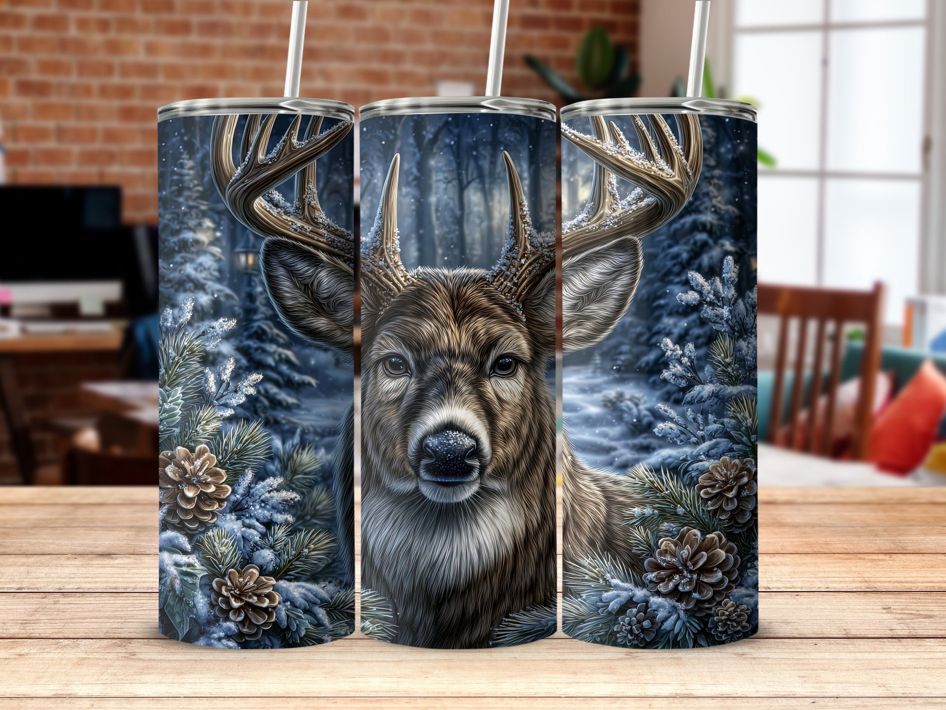 Majestic Winter Woodland Deer Design Tumbler Cup