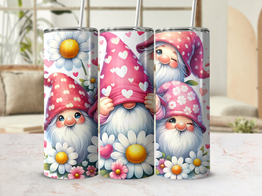 Three pink gnomes with floral hats and daisy details on tumblers.