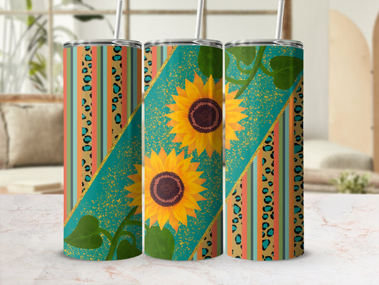 Sunflower and leopard print insulated tumbler with straw.