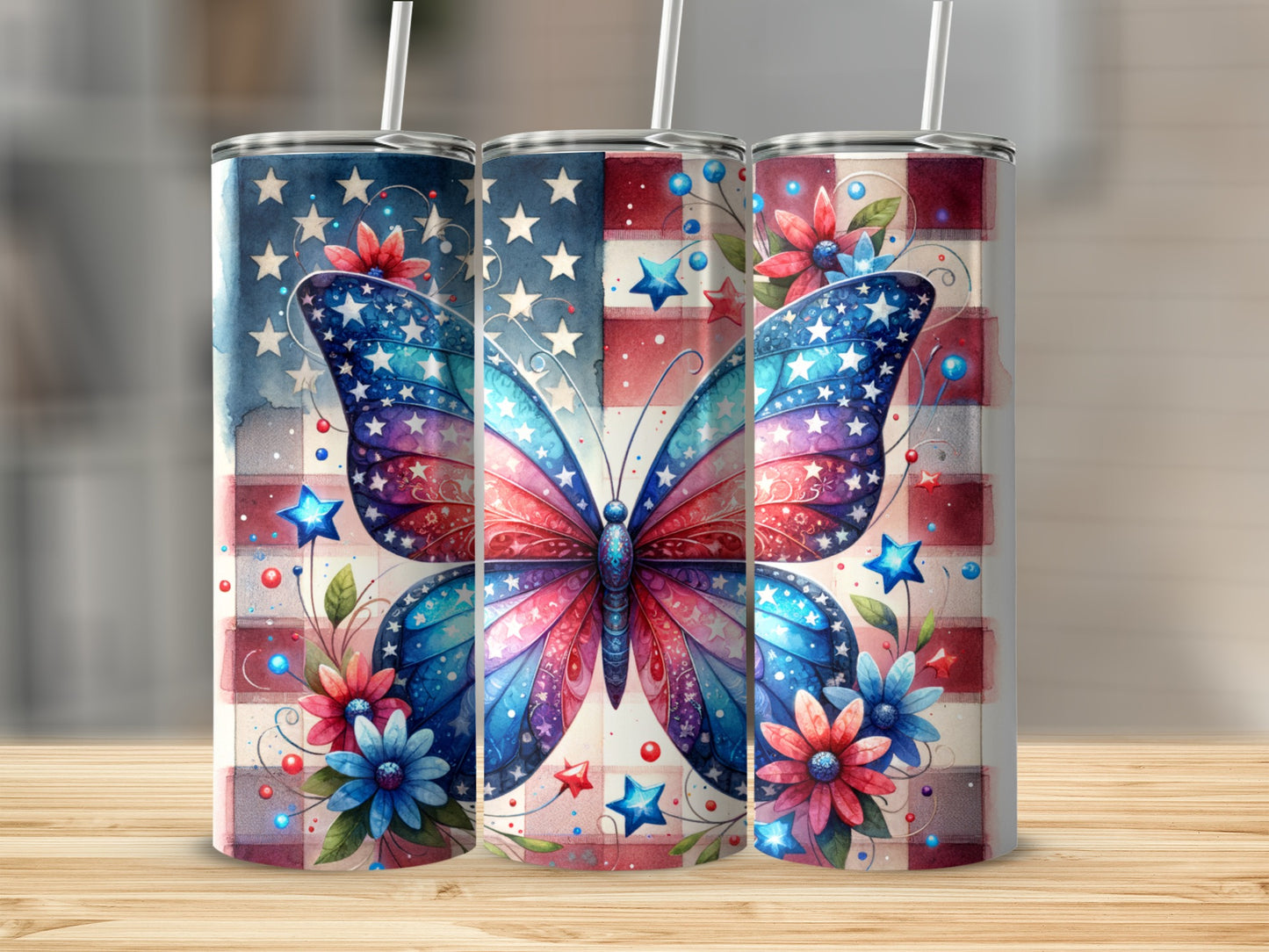 Patriotic butterfly and flowers on tumbler with stars and stripes.