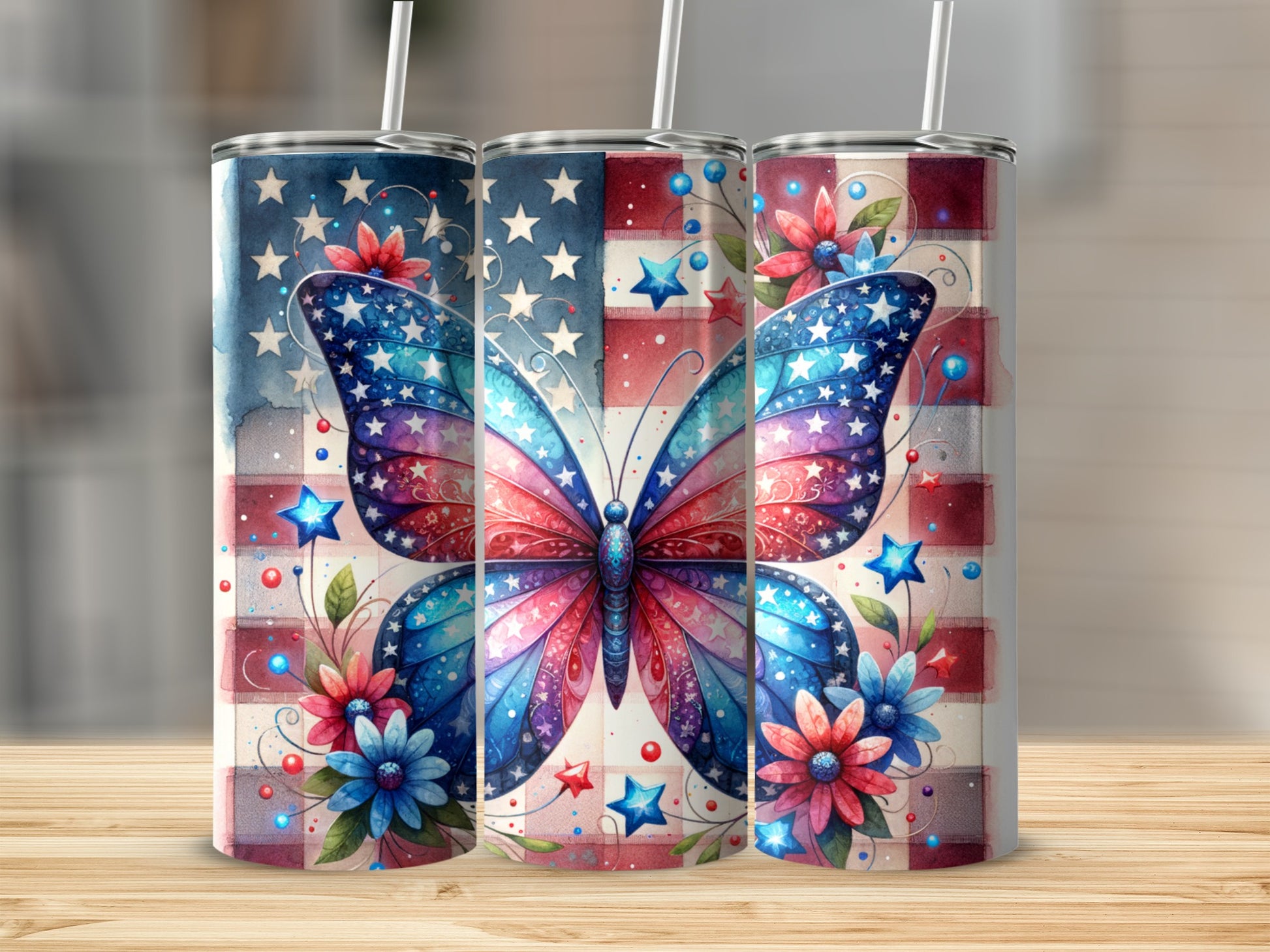Patriotic butterfly and flowers on tumbler with stars and stripes.