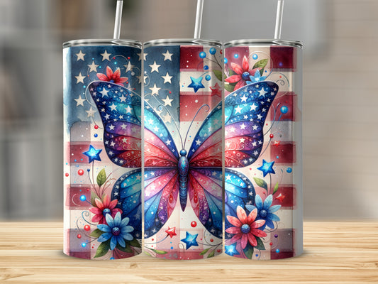 Patriotic butterfly and flowers on tumbler with stars and stripes.