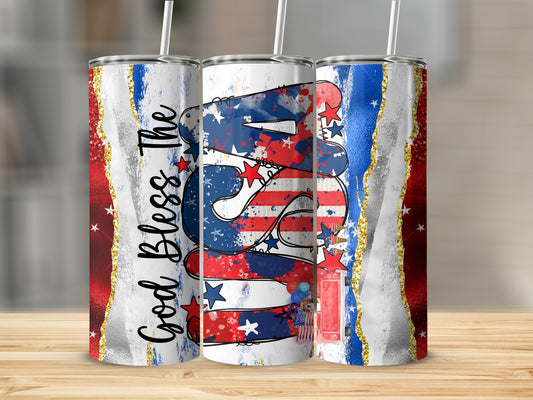 Three tumblers with "God Bless The USA" text and patriotic red, white, and blue design.
