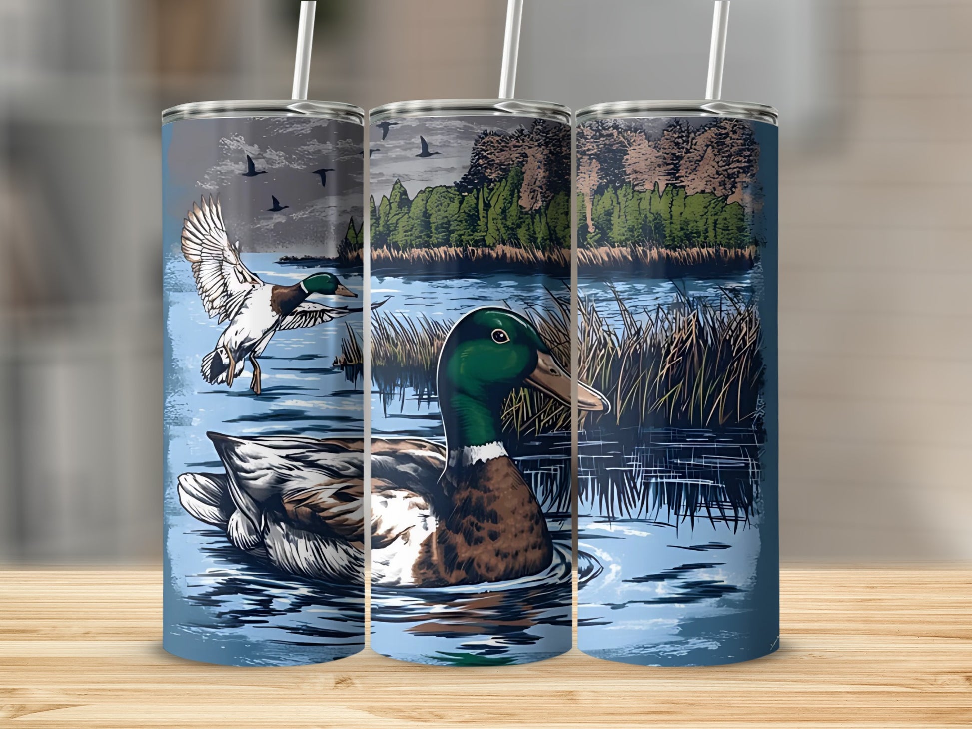 Beautiful Duck Lake Scene Tumbler with Straw 20oz Cup