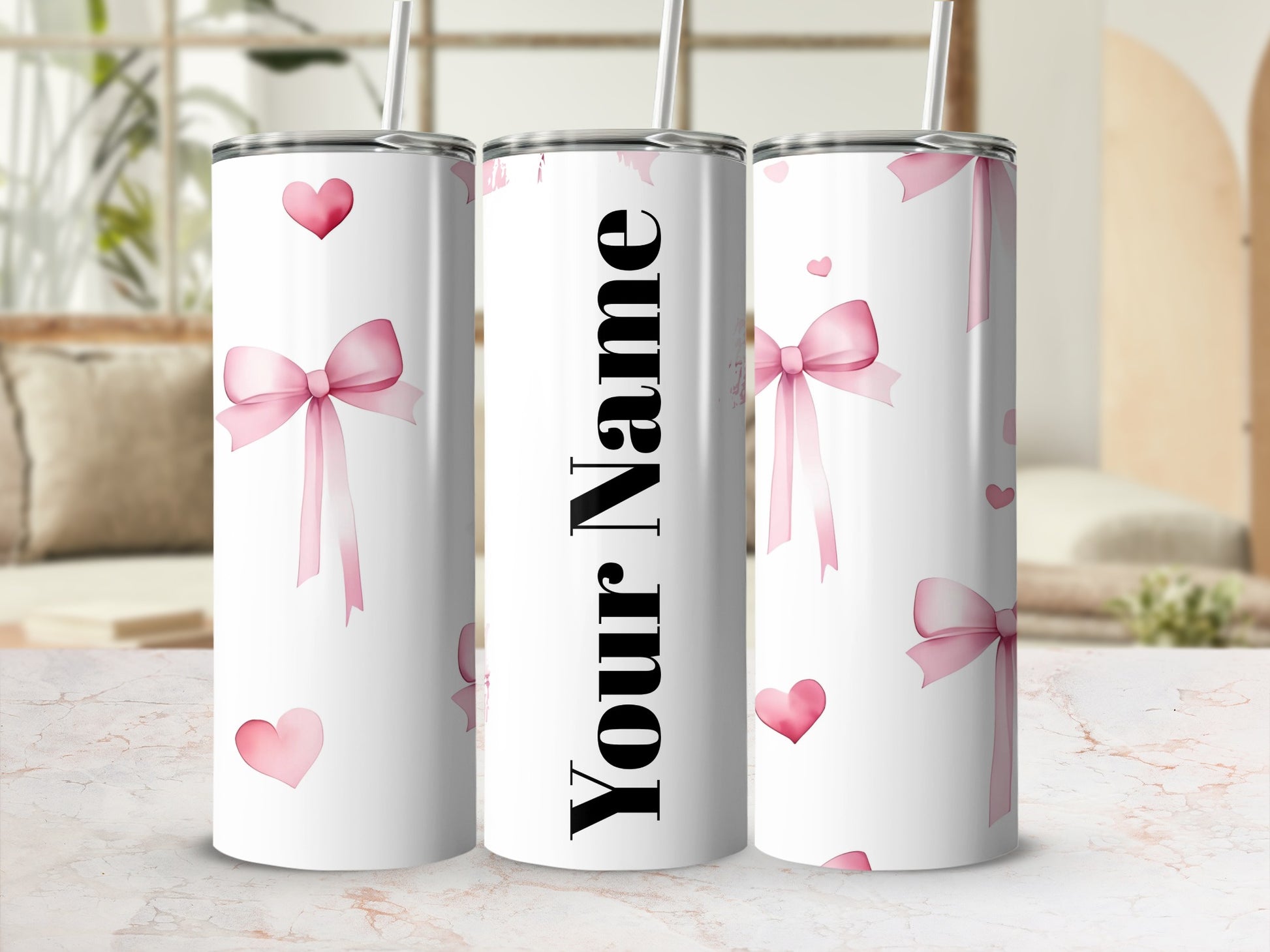 Personalized Pink Bows and Hearts Custom Tumbler