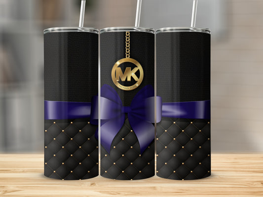 Elegant Black and Gold Tumbler with Purple Bow Design
